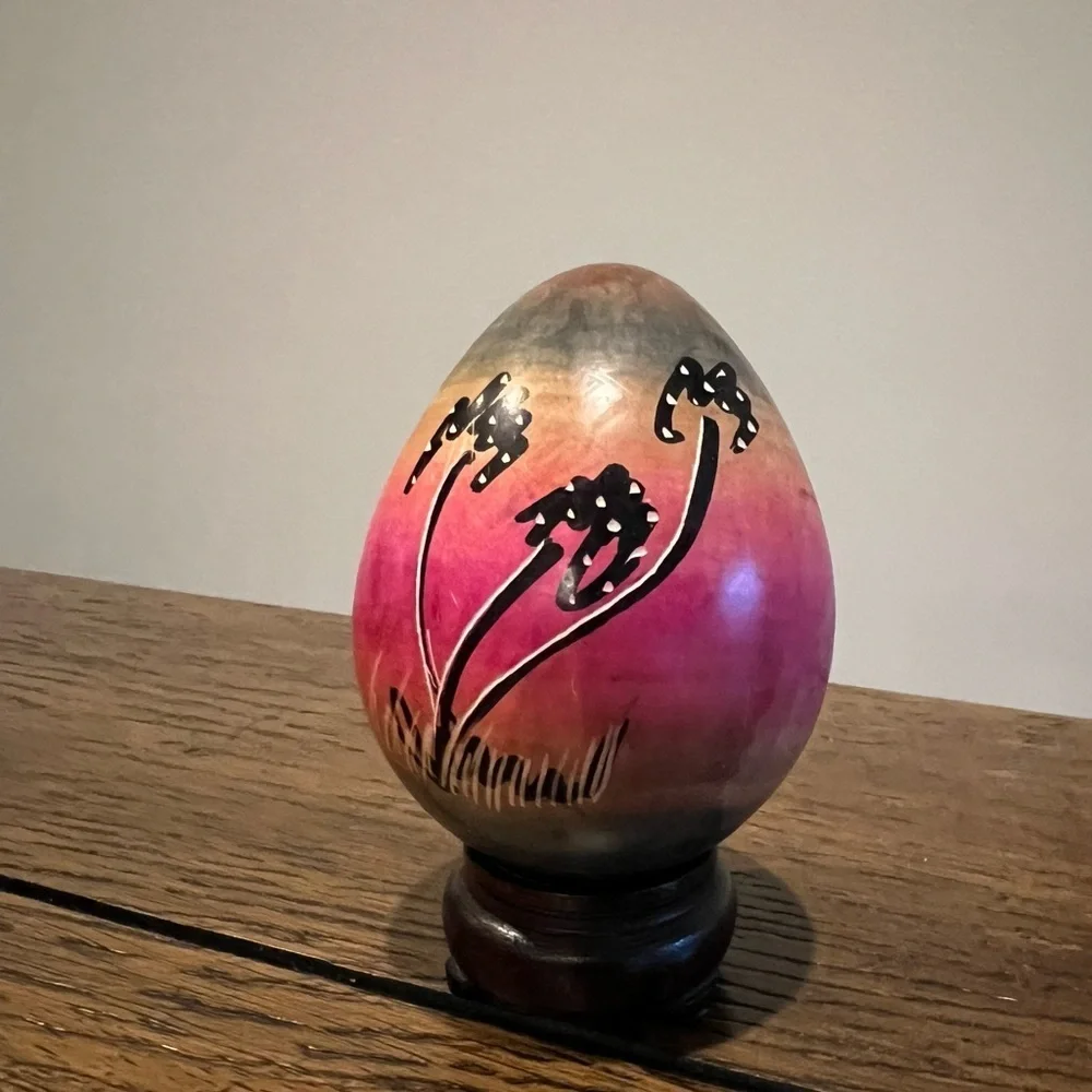 Hand Painted Soapstone Egg African Wildlife Mural Scene Zebra Trees